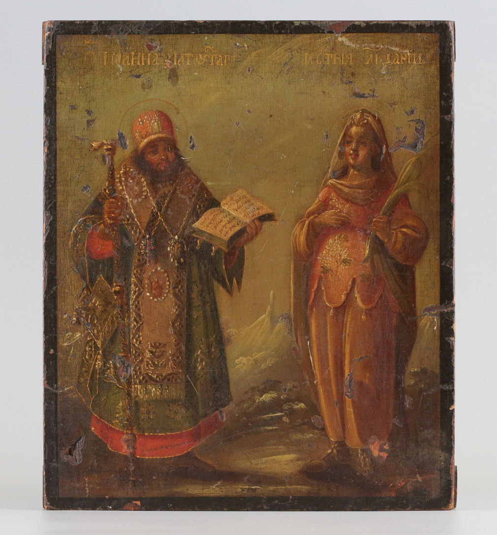 Икона Святые Иоанн Златоуст и мученица Дария с дарственной надписью - фото - 2